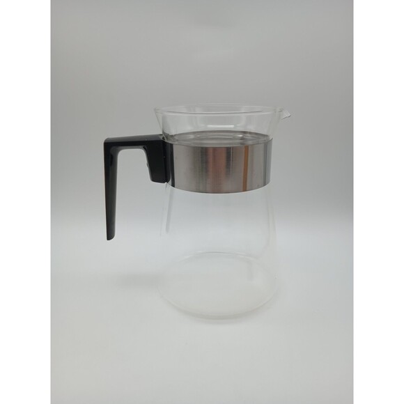 Pyrex 6-8 Cup Glass Coffee Tea  Carafe NO LID Silver Band Woodgrain Handle - Picture 1 of 5